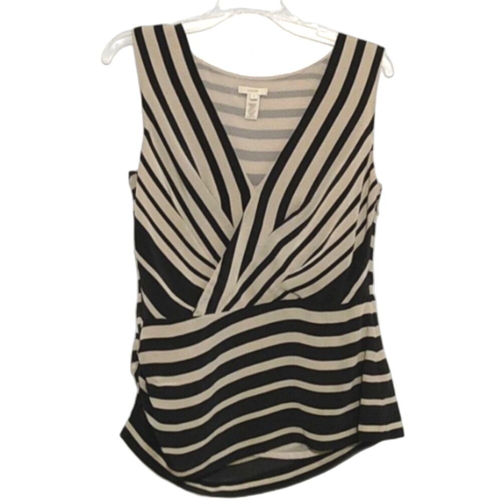 J. Crew Black and Cream Striped Wrap-Front Tank Top